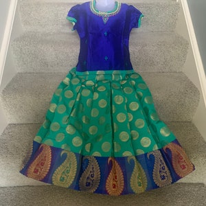 Multiple Sizes and Color Green With Pink and Blue Chanderi Silk Pattu Pavada/Langablouse/Ethnic Dress/Pattu Pavadai/Pattu Langa/ChaniyaCholi
