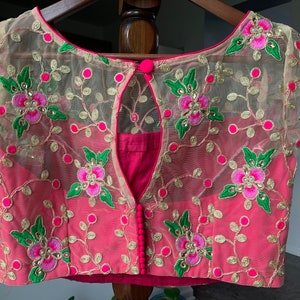 Size 38 Designer Wear Green & Pink Net See-through Embroidered Blouse/Saree Blouse/Ready Blouse/Lehenga Choli/Langa Blouse/ Lehenga Blouse