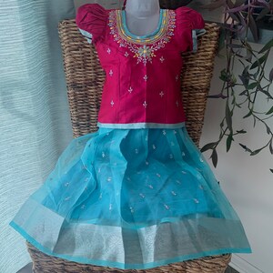 3 to 4 yrs Sky Blue Skirt & Pink Top Chanderi Silk Pattu Pavada/Langa blouse/Ethnic Dress/Chaniya Choli/ Pattu Pavadai/ Pattu Langa/