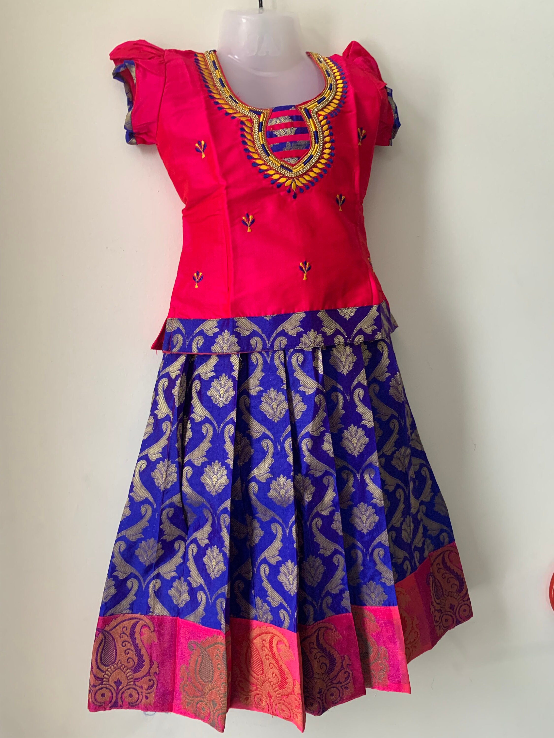 Blue \u0026 Pink Chanderi Silk Pattu Pavada 