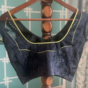 Size 34 Designer Plain Black Embroidered with Yellow Piping Net See-through Blouse with Gold Border/Saree Blouse/Ready Blouse/Lehenga Choli
