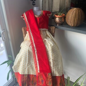 Cream & Red Chanderi Silk Langa Voni/Pattu Dress/Half Saree/Traditional Dress/Pattu Pavadai/Pattu Pavada for Girls -Multiple Sizes Available