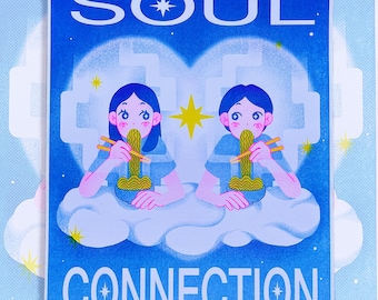 May include: A blue poster with the words "SOUL CONNECTION" in white. The image features two cartoon figures eating noodles from bowls while sitting on a cloud. A yellow star and other small stars are also present.