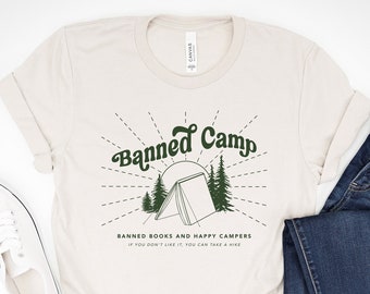 Banned Books Shirt, Book Lover Camping Tee, Reader Bookworm Gift, Funny Summer Camp T-Shirts Women Men, Librarian Teacher Present Tshirt *