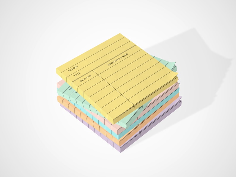 May include: A stack of colorful lined index cards with the words "Author", "Title", "Date Due", and "Borrower's Name" printed on the top card.