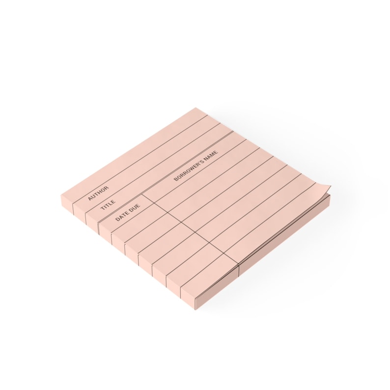May include: Pink sticky note with lines and the text "AUTHOR", "TITLE", "DATE DUE", and "BORROWER'S NAME" printed on it.