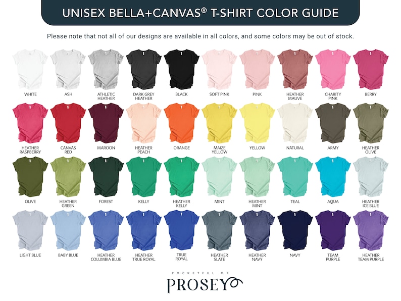 May include: Color chart for unisex Bella + Canvas t-shirts. The chart shows 36 different colors, including white, black, red, blue, green, yellow, pink, and purple. The chart is organized in rows and columns, with each color represented by a small square.