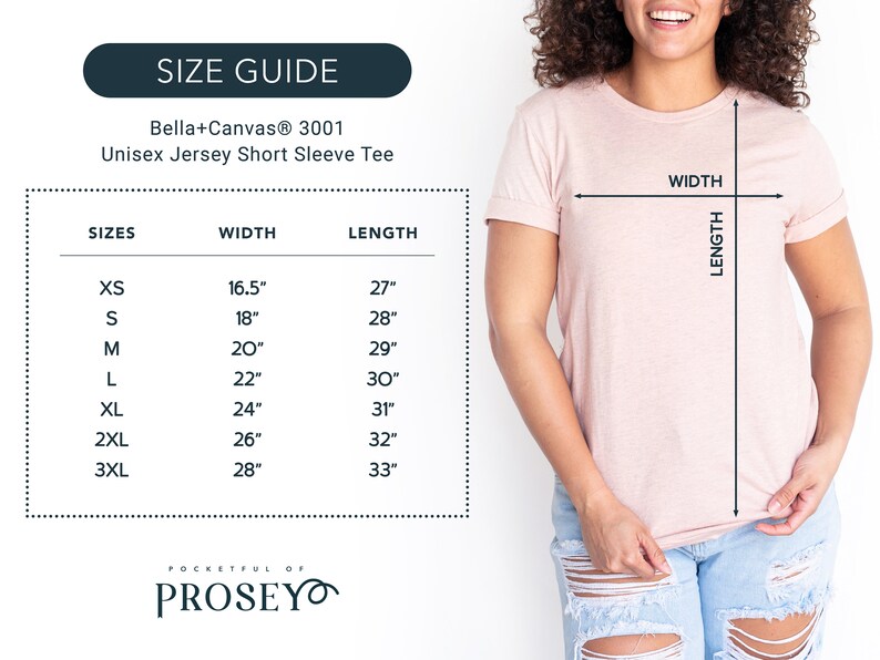 May include: Size chart for a Bella+Canvas 3001 Unisex Jersey Short Sleeve Tee. The chart shows sizes XS through 3XL with corresponding width and length measurements in inches.