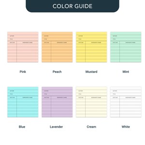 May include: Color guide for book-style note cards. The cards are shown in pink, peach, mustard, mint, blue, lavender, cream, and white.