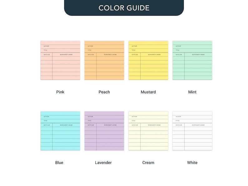 May include: Color guide for book-style note cards. The cards are shown in pink, peach, mustard, mint, blue, lavender, cream, and white.