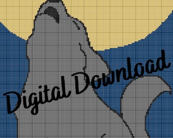May include: A gray wolf howling at the moon, with a blue sky and a yellow moon in the background. The words "Digital Download" are superimposed on the image.