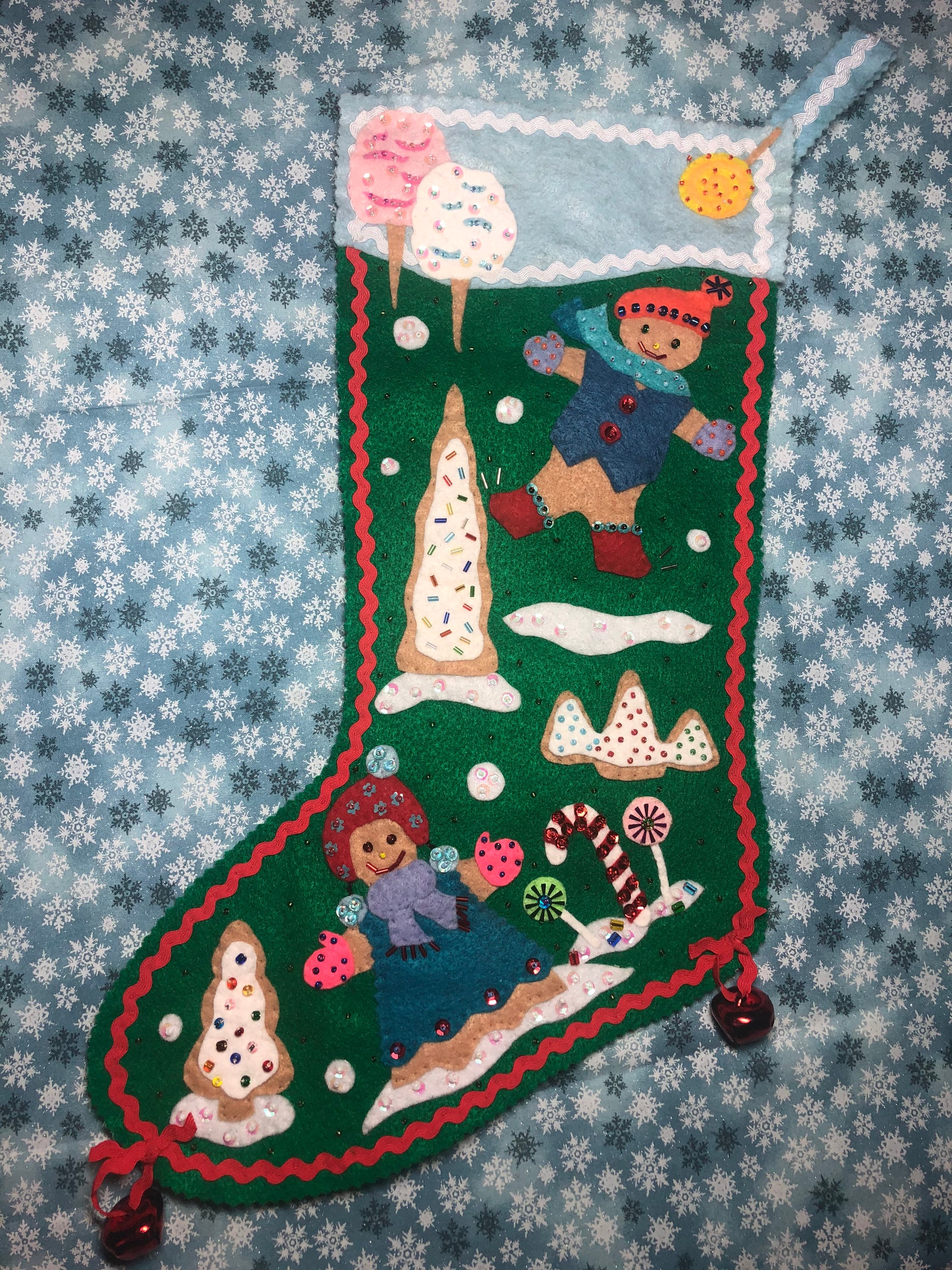 Heirloom Keepsake retro felt and sequined Christmas stocking. "Gingerbread Fun"- SOLD (contact Holly to order this item)