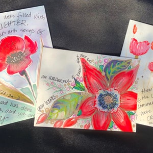 VENDU ~ Ensemble de 3 cartes d'art aquarelle originales faites à la main (pas d'impressions) de fleurs rouges (coquelicots, tulipes)