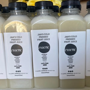 May include: Six clear glass bottles of cold-pressed fruit juice labeled "Jah's Cold Pressed Fruit Juice" with the brand name "Exotic" and a list of ingredients: soursop, limes, organic ginger, agave. Each bottle is 16oz/470ml.
