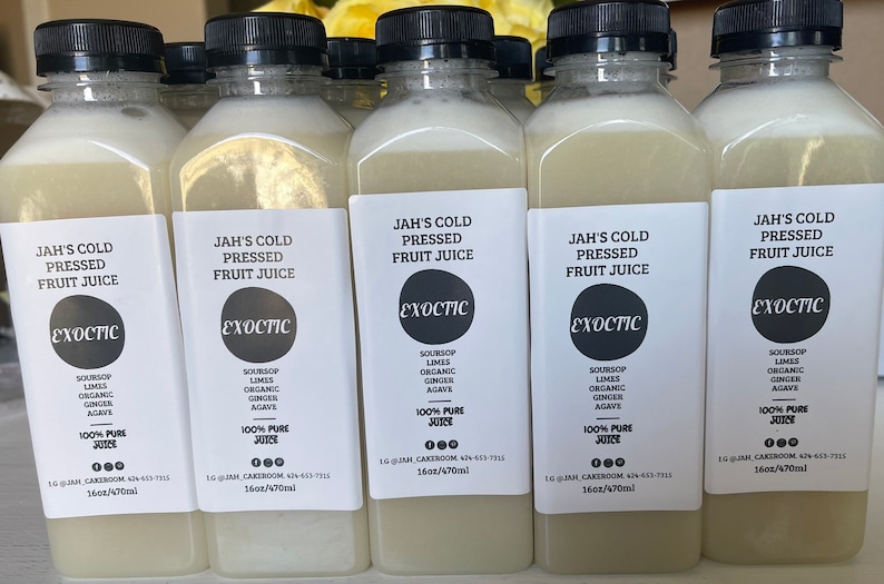 May include: Six clear glass bottles of cold-pressed fruit juice labeled "Jah's Cold Pressed Fruit Juice" with the brand name "Exotic" and a list of ingredients: soursop, limes, organic ginger, agave. Each bottle is 16oz/470ml.