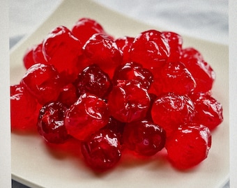 Candied Cherries, glazed red cherries.whole pieces & 1/2 pieces. 3 oz- 1/4 cup of cherries.