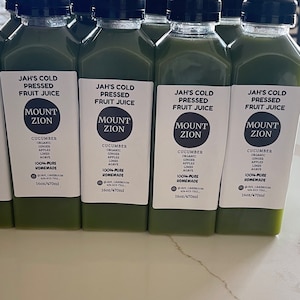 May include: Six 16-ounce bottles of green juice labeled "Jah's Cold Pressed Fruit Juice" with the logo "Mount Zion" and the ingredients "Cucumber, Organic Ginger, Apples, Limes, Agave". The bottles are labeled "100% Pure Homemade" and include the contact information "@jah_cakerooom 424-653-7315".