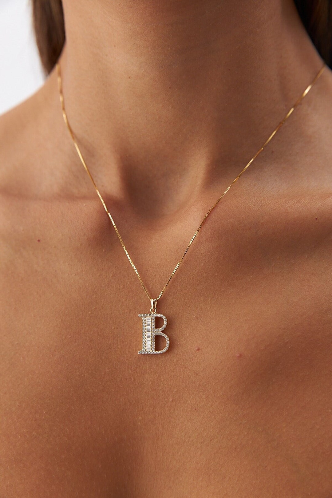 Initial Necklace 14k Gold Letter Necklace Baguette Cut Etsy