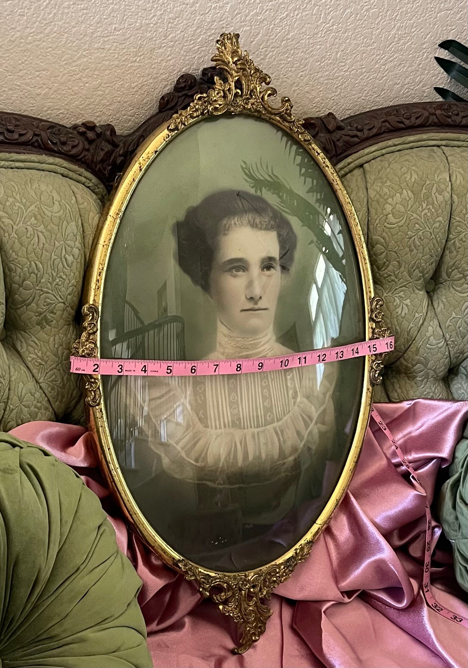 Antique Victorian Lady Portrait, Large Ornate Oval Frame, Convex Glass