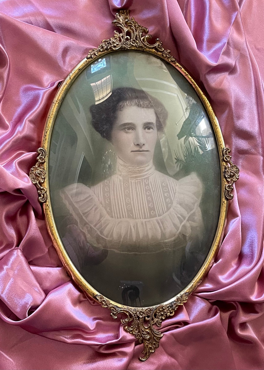 Antique Victorian Lady Portrait, Large Ornate Oval Frame, Convex Glass