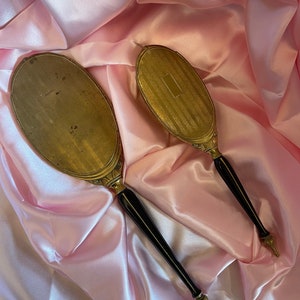 Vintage Art Deco Hand Mirror and Brush (black and brass)