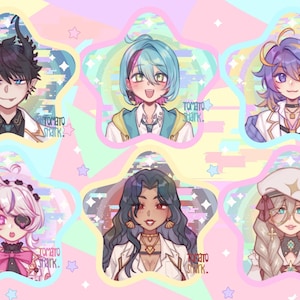 May include: Six colorful star-shaped stickers with digital glitch effects. Each sticker features a different anime-style character with a unique hairstyle and clothing. The text "tomato shark." appears on each sticker.