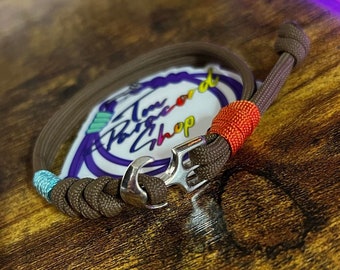 Paracord Anchor Bracelet - Handmade - Adjustable - Coyote Brown with Burnt Orange + Light Blue Accents - Nautical Style Bracelet
