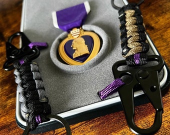 Purple Heart themed Paracord Keychain with Sling Carabiner - Paracord Keychain - Purple Heart - United States Military - Combat Wounded