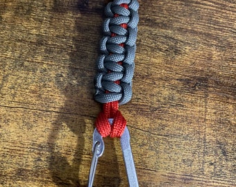 Paracord Carabiner Keychain - Charcoal Gray + Red - Silver Carabiner - Handmade - EDC Keychain