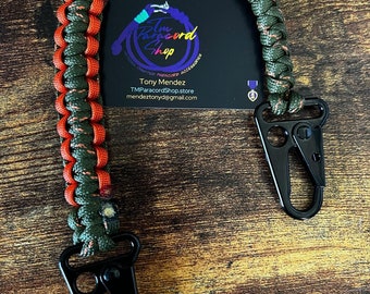 Paracord Wallet Chain Double Sling Carabiner - Green Camo + Burnt Orange - Handmade Wallet Chain - 12in