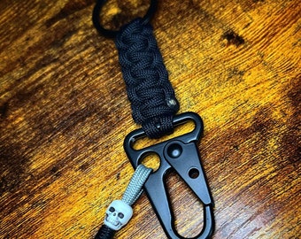 Paracord Carabiner Keychain w/ Charm - Sling Carabiner - Black with Gray Accent - Skull Bead - Handmade - Veteran Crafted!