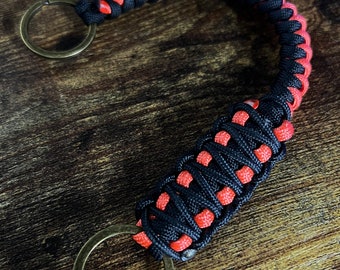 Paracord Wallet Chain - Lanyard with Double Bronze Key Rings - Orange + Black - Handmade - 12in - Veteran Crafted!