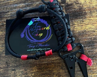 Paracord Keychain w/ Sling Carabiner and Paracord Minimalist Bracelet - Bundle - Black and Red - Thin Red Line