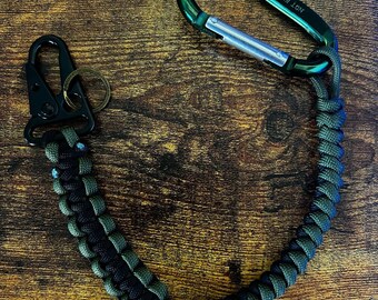 Paracord Wallet Chain - Lanyard w/ Green Carabiner + Sling Carabiner - OD Green + Black - Tactical Wallet Chain EDC - Veteran Crafted - 12in