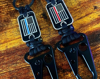 Paracord American Flag Keychain w/ Sling Carabiner - Law Enforcement + Fire Department Themed - Thin Blue Line - Thin Red Line - Handmade