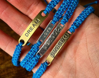 Microcord Word Charm Bracelets - Adjustable - Choose Your Color - Love, Peace, Dream, Faith, Friend, Hope, Courage - Handmade Jewelry
