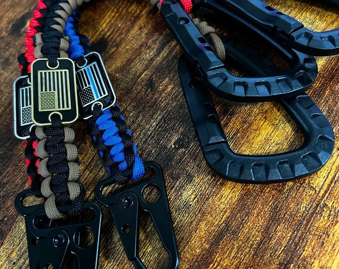 Featured listing image: Paracord Wallet Chain w/ American Flag + Carabiner - Paracord Lanyard - Various Colors - Patriotic - Thin Blue Line - Thin Red Line - 12in