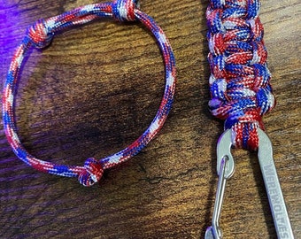 Paracord Carabiner Keychain + Paracord Minimalist Bracelet - USA themed