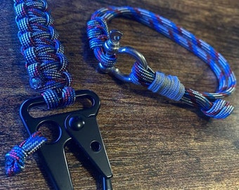 Paracord Keychain w/ Sling Carabiner + Paracord Shackle Bracelet - Captain America Themed