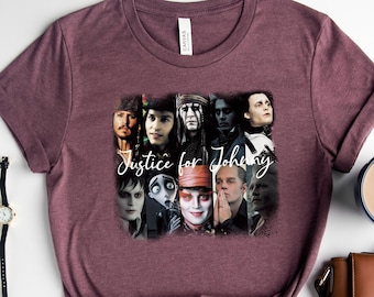 Camiseta "Justicia para Johnny Depp" / "Eso es de oídas" / "Justicia para Johnny" / "Juicio de un actor estadounidense" / "Los hombres pueden ser víctimas"