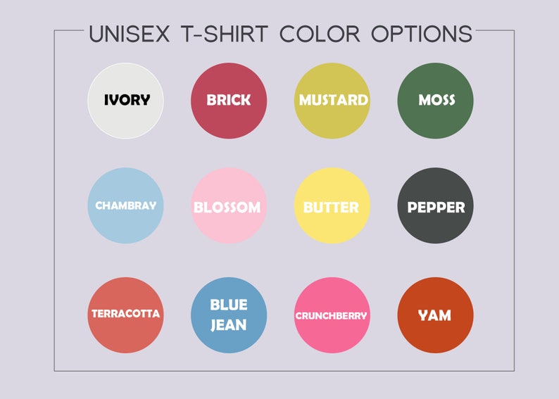 Op de afbeelding: Afbeelding met een kleurenkaart voor unisex T-shirts. De kaart toont twaalf kleuropties: Ivory, Brick, Mustard, Moss, Chambray, Blossom, Butter, Pepper, Terracotta, Blue Jean, Crunchberry en Yam, elk in een cirkel.