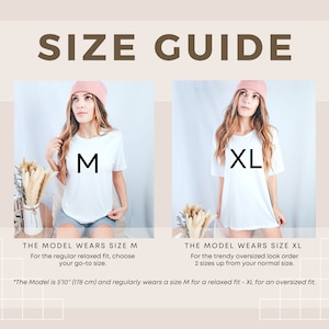 May include: Size guide graphic showing two models in white t-shirts, one in size M, the other in XL. Text includes "SIZE GUIDE", "THE MODEL WEARS SIZE M" and "THE MODEL WEARS SIZE XL". The model is 178 cm tall.