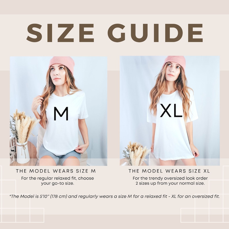 May include: Size guide graphic showing two models in white t-shirts, one in size M, the other in XL. Text includes "SIZE GUIDE", "THE MODEL WEARS SIZE M" and "THE MODEL WEARS SIZE XL". The model is 178 cm tall.