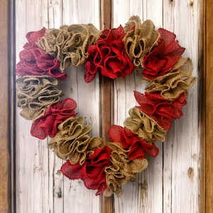 Burlap wreath, Valentine&#39;s Day wreath, Front door wreath, Heart wreath, Perfect gift, love wreath, Red & tan wreath, Southern charm wreath