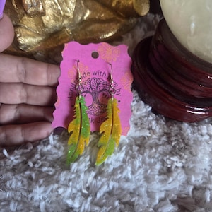 Handmade Yellow and green feather dangle earrings