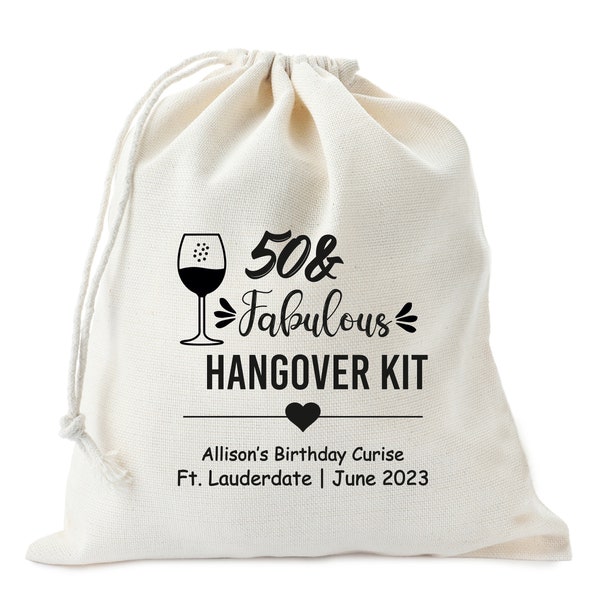 50 birthday hangover kit, Fabulous 50 Birthday Party Favor, Personalized Party Bags, Birthday goody bag, Cotton Bag, Hangover Kit