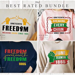 Puede incluir: Un conjunto de cuatro diseños digitales con temas de Juneteenth. Los diseños incluyen un puño rompiendo cadenas, las palabras "Juneteenth Freedom" con un puño, las palabras "Juneteenth Breaking Every Chain" con un borde de cadena y las palabras "Juneteenth 1865" con un puño.