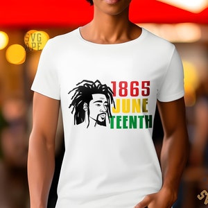 May include: White t-shirt with a black and white illustration of a man with dreadlocks. The text "1865 Juneteenth" is printed in red, yellow, and green.