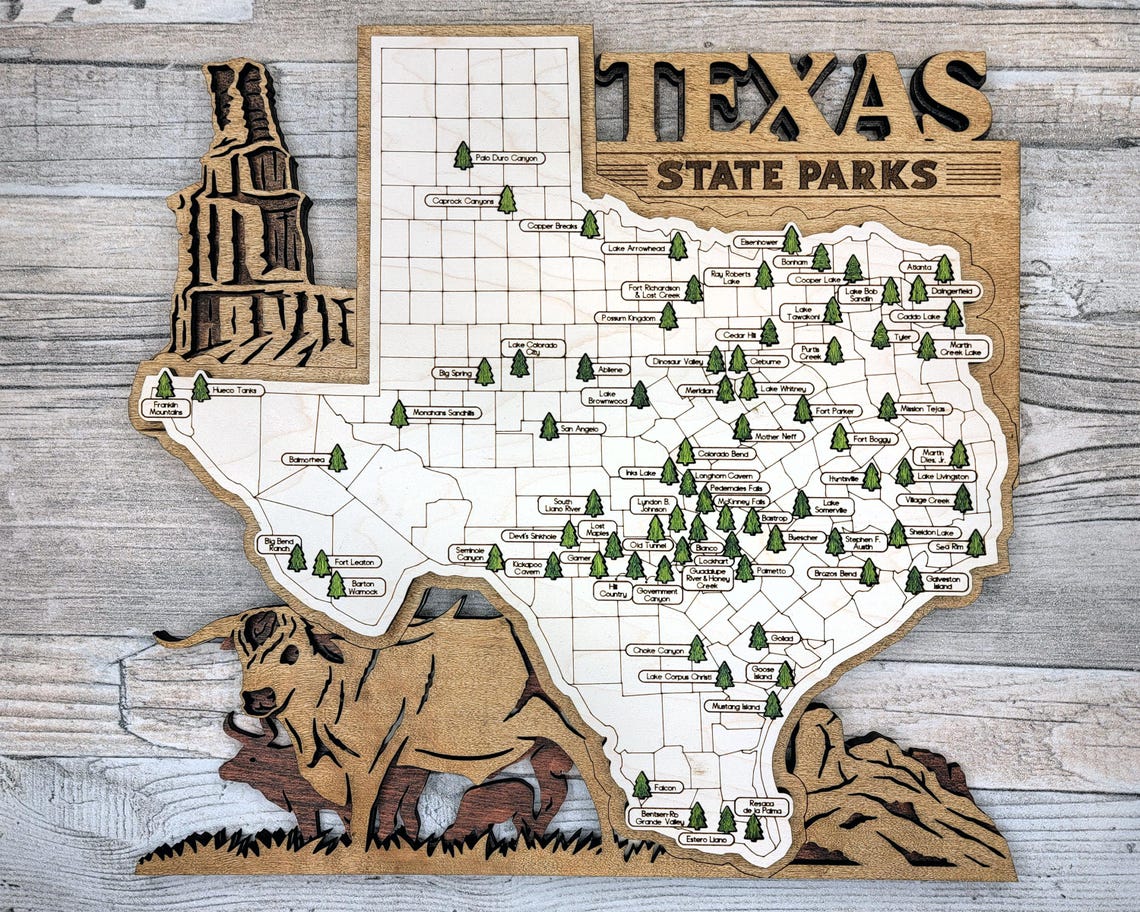 Texas State Park Travel Map, State Parks Marker, Personalized State ...