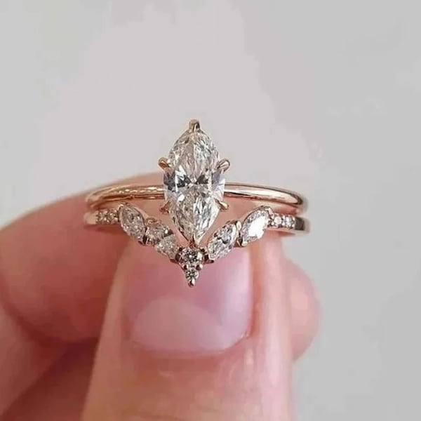 1.0 CT Marquise Cut Lab Created Diamond Engagement Ring, 14K Rose Gold Finish Marquise Cut Ring, Bridal Set Ring, Wedding Ring Free Shipping